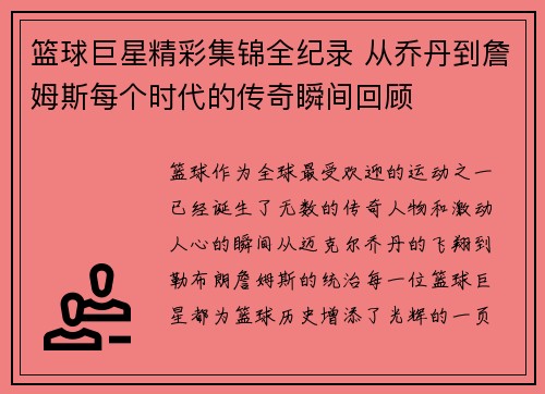 篮球巨星精彩集锦全纪录 从乔丹到詹姆斯每个时代的传奇瞬间回顾