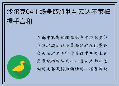 沙尔克04主场争取胜利与云达不莱梅握手言和