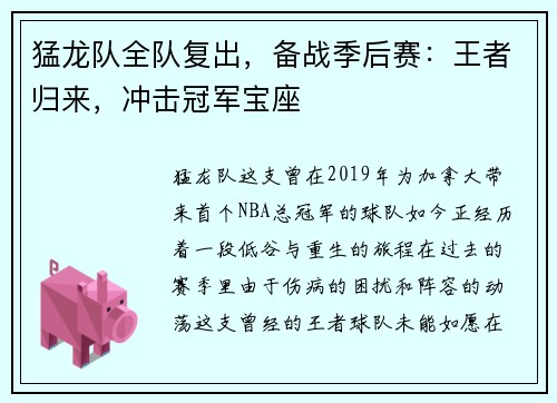 猛龙队全队复出，备战季后赛：王者归来，冲击冠军宝座